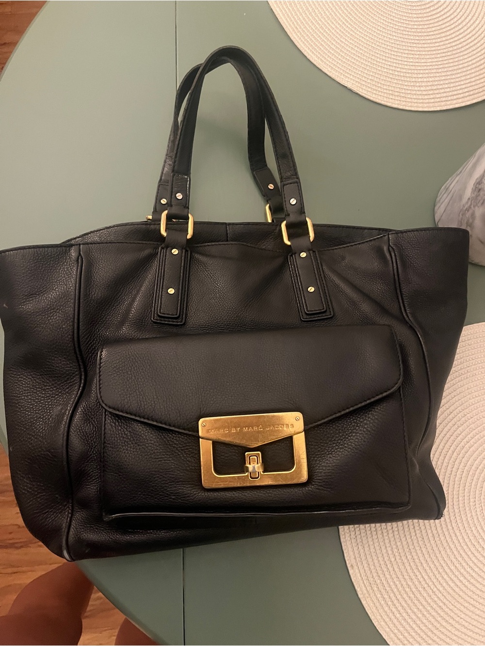 Marc by Marc Jacobs Black Leather Tote with Gold Hardware